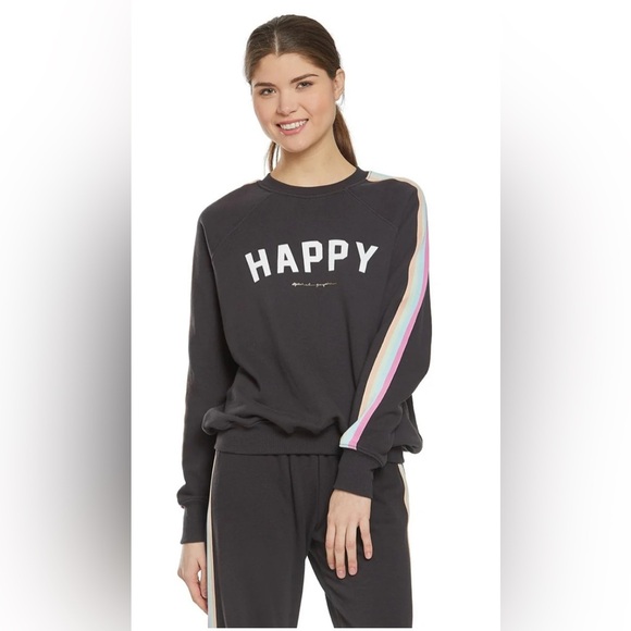 Spiritual Gangster Tops - Spiritual Gangster Black 'Happy' Sweatshirt with Rainbow Stripes Size Large